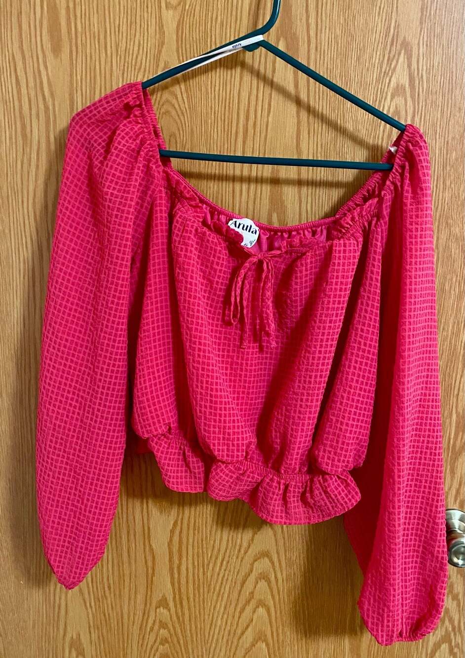 Arula Pink Textured Long Sleeve Crop Top with Ruffle Hem